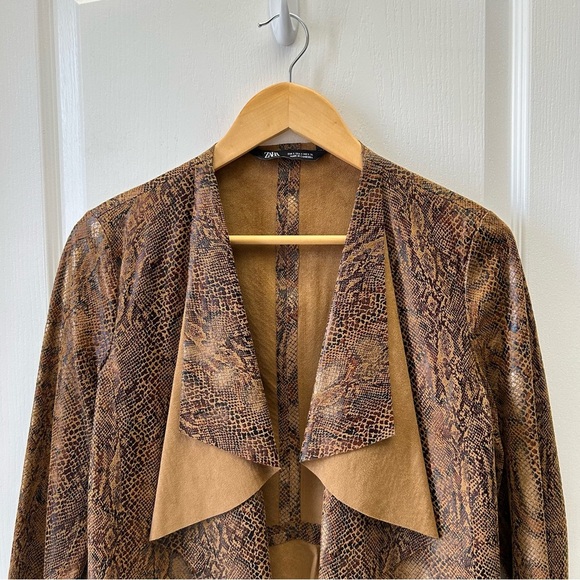 Zara Brown Snake Print Faux Suede Blazer Jacket Open Waterfall Collar Small - Picture 6 of 16